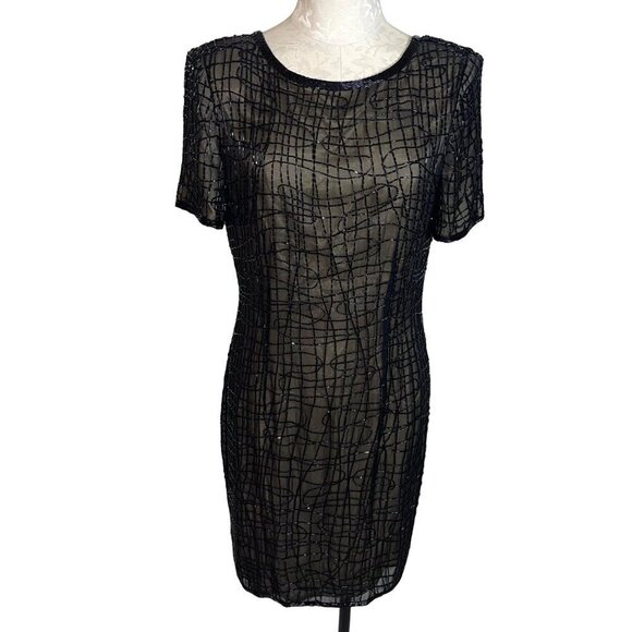 A.J. Bari Womens Dress Black Size 12 Vintage Beaded Shift Pure Silk Cocktail - Picture 1 of 16